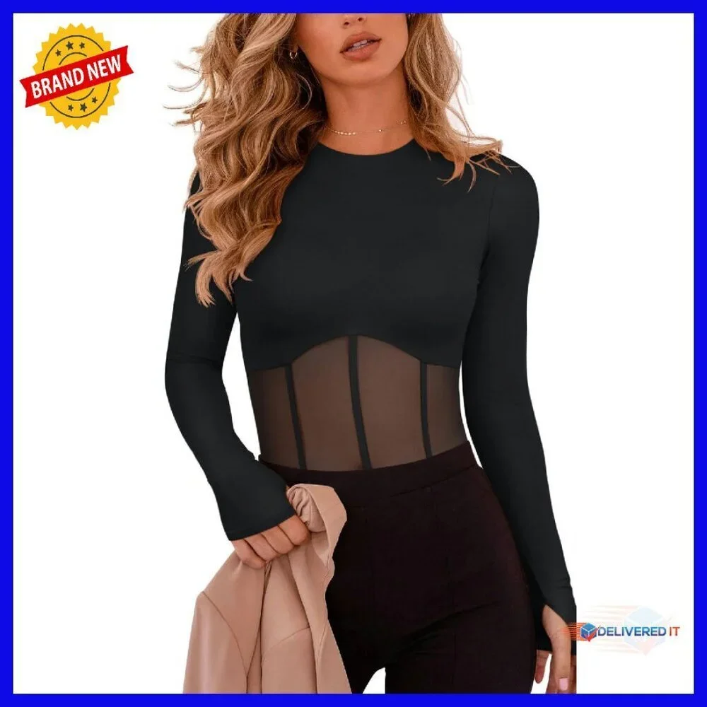 Sheer Mesh Long Sleeve Bodysuit with Thumbholes Snap Closure